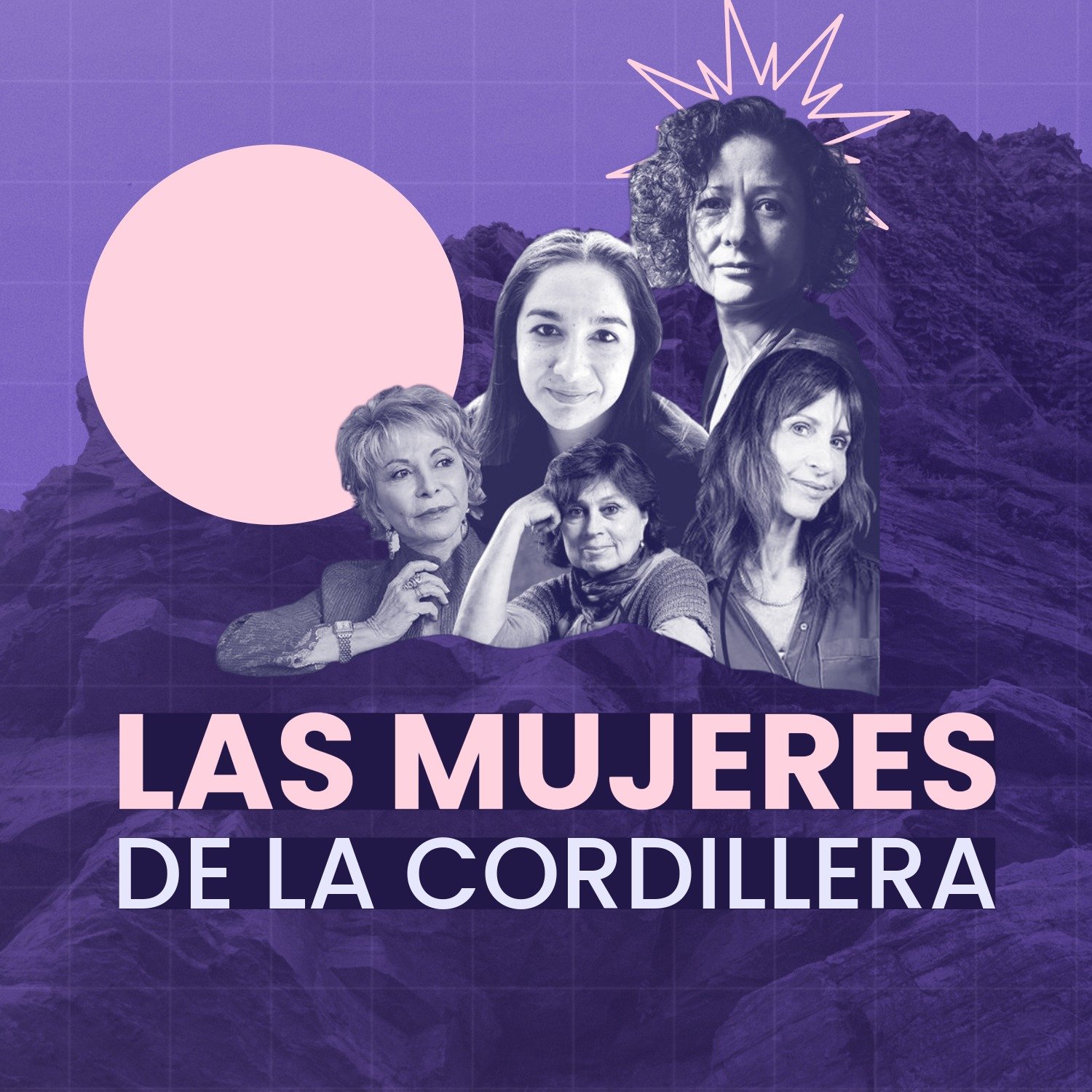 Una cordillera de fondo, y sobre ella fotografias a modo collage de mujeres escritoras latinas. Colores morados y rosados.