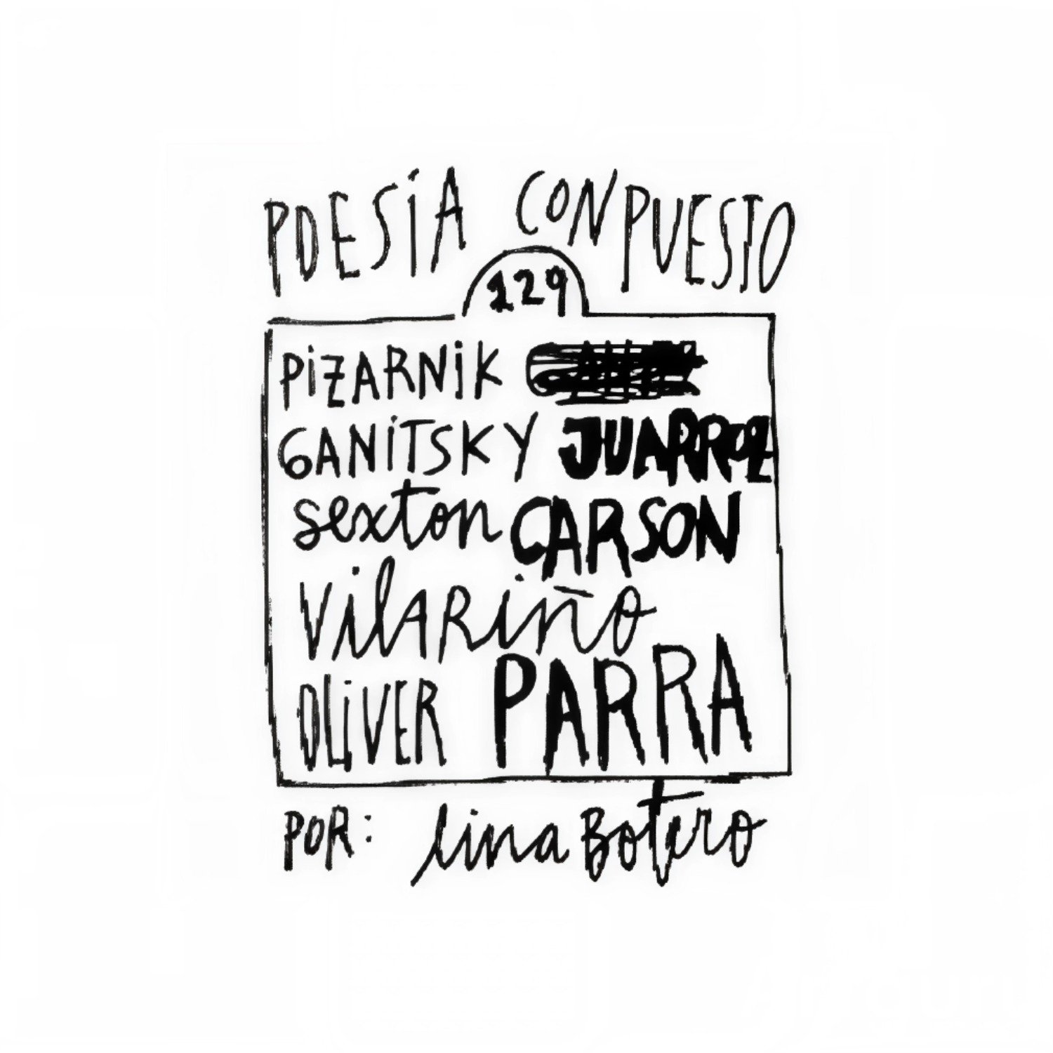 Dibujo de letrero de bus con nombres de poetas escritos en el. Fondo blanco con letras negras a mano.