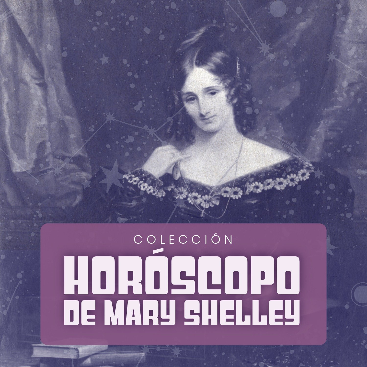 Imagen de la escritora Mary Shelley a todos morados y un letrero con su nombre