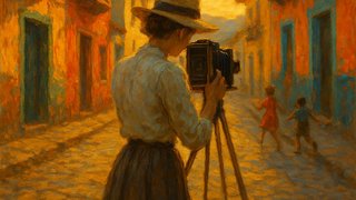 Ilustración inspirada en la fotógrafa Henri, vista de espaldas, enfoca su cámara en un edificio, rodeada por la energía viva de la escena callejera.