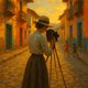 Ilustración inspirada en la fotógrafa Henri, vista de espaldas, enfoca su cámara en un edificio, rodeada por la energía viva de la escena callejera.