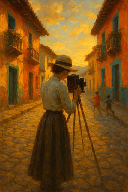Ilustración inspirada en la fotógrafa Henri, vista de espaldas, enfoca su cámara en un edificio, rodeada por la energía viva de la escena callejera.