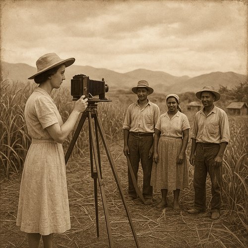 La fotógrafa Henri de perfil captura una foto de un grupo de agricultores, mostrando sus expresiones vibrantes y su entorno rural.