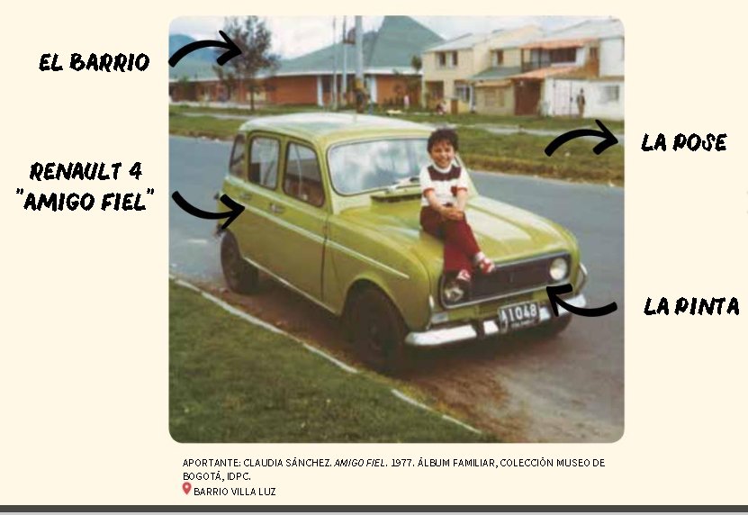 Fotografía de un auto Renault 4 verde con una niña sentada en la parte superior del barrio de Villa Luz, Bogotá.