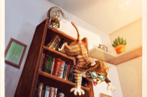 Ilustración de gato lanzandose desde un librero