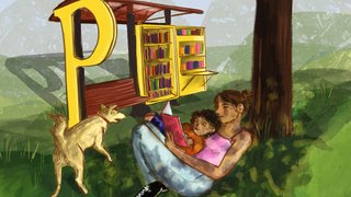 Ilsutracion de una familia disfrutando una lectura de una paradero paralibro paraparque bajo la sombra de un arbol