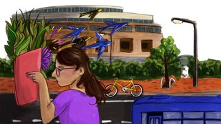 Ilustracion de una mujer leyendo, y de su libro salen pajaros azules volando que llevan la mirada a la biblioteca publica Virgilio Barco.
