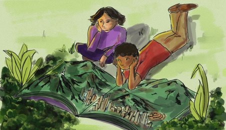 Ilustracion de dos niños observando un gran libro del que le salen los cerros de bogota  y sus biblioteca publicas