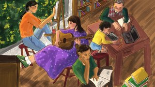 Ilustracion de personas compartiendo de la biblioteca publica desde distintas artes y saberes como musica, pintura y lectura.