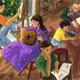 Ilustracion de personas compartiendo de la biblioteca publica desde distintas artes y saberes como musica, pintura y lectura.
