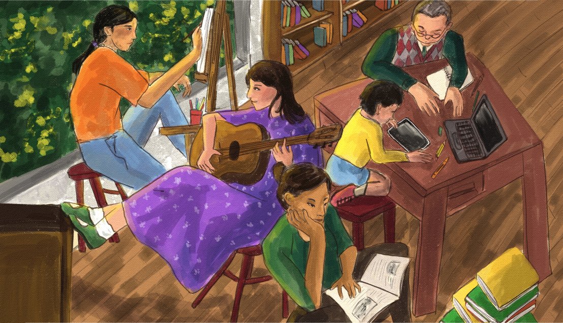 Ilustracion de personas compartiendo de la biblioteca publica desde distintas artes y saberes como musica, pintura y lectura.
