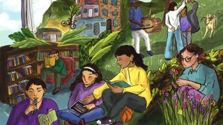 Ilustracion de varias personas disfrutando del espacio bibliotecario con musica, lecturas, danza y el estar juntos. Tambien se ven barrios al fondo.