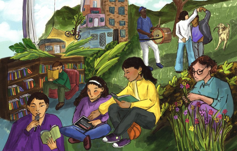 Ilustracion de varias personas disfrutando del espacio bibliotecario con musica, lecturas, danza y el estar juntos. Tambien se ven barrios al fondo.