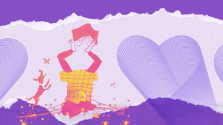 Fondo morado con ilustración de un niño leyendo un libro de cabeza en tonos cálidos