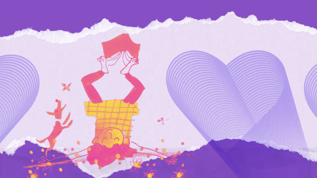 Fondo morado con ilustración de un niño leyendo un libro de cabeza en tonos cálidos