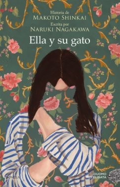 Portada libro Ella y su gato, en donde hay una ilustración de una mujer abrazando un gato de flores