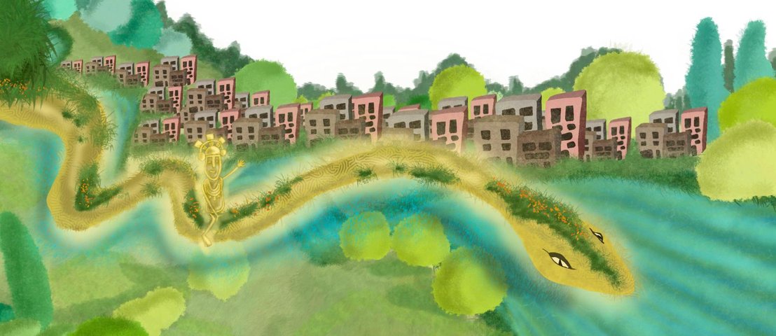 Contraportada del libro Cubun Chunso Aguequa muestra una serpiente ilustrada moviendose entre una montaña con casas blancas encima