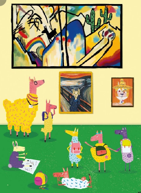 Ilsutración de llamas en un museo observando diferentes piezas expresionistas