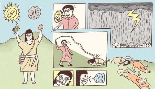 Dibujos ilustrados de indigenas adorando a SUE y CHIA