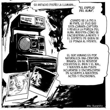 Caricatura de una cámara Polaroid y una radio, que ilustra el concepto de cámara mágica en un panel de cómic.