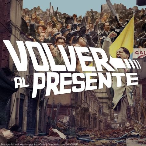 Portada podcast Bogotazo, es un collage de hombres y la ciudad destruida con un titulo grande que dice: Volver al presente