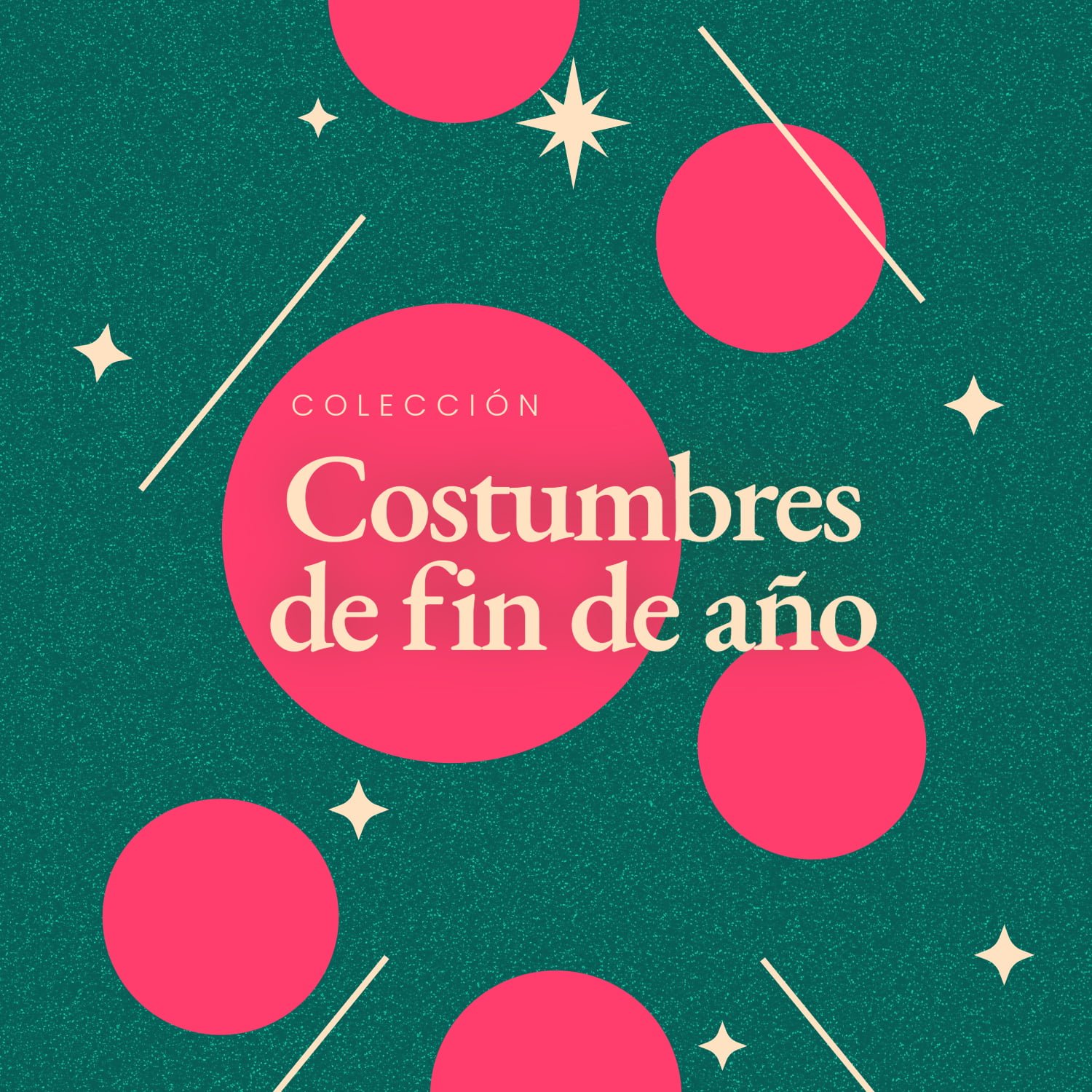 Fondo verde con bola rojas que son la portada de las costumbres de Año Nuevo expuestos, mostrando tradiciones de diciembre de la colección de la Biblioteca Digital de Bogotá.