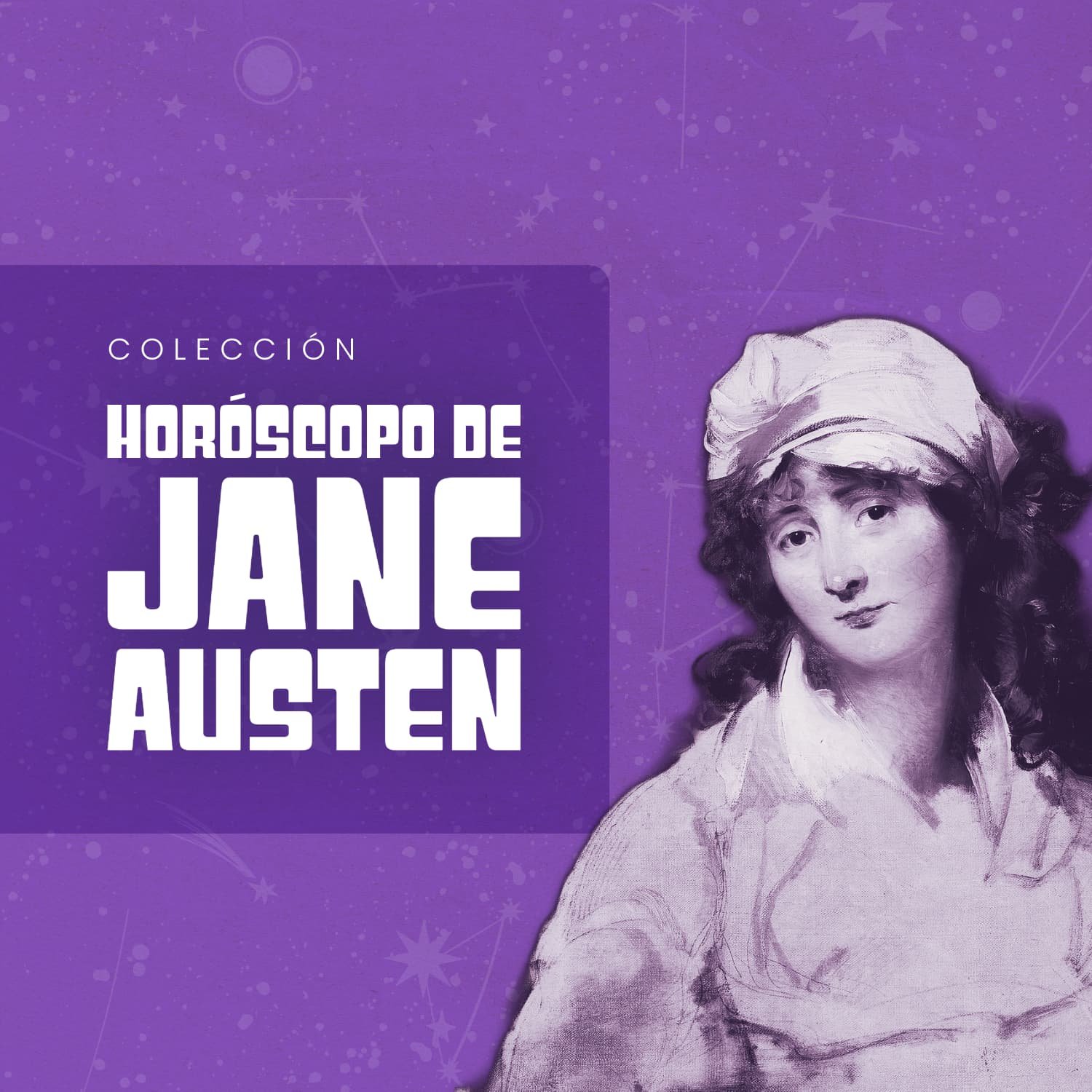 Fondo morado y lila con imagen de la escitora Jane Austen a la derecha y el nombre de la colección en blanco a la izquierda