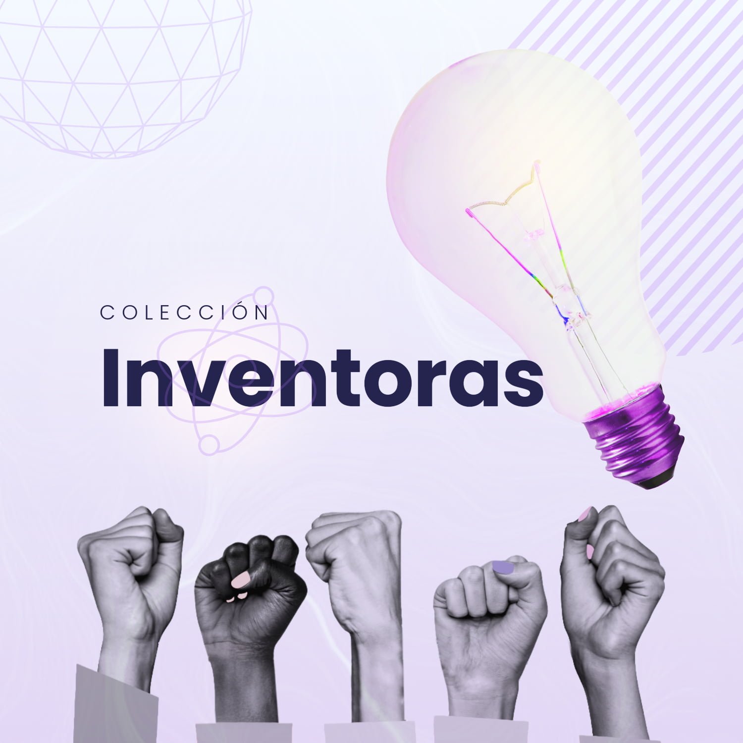 La imagen muestra las palabras "colección inventoras" en el fondo, evocando un sentido de descubrimiento y originalidad.