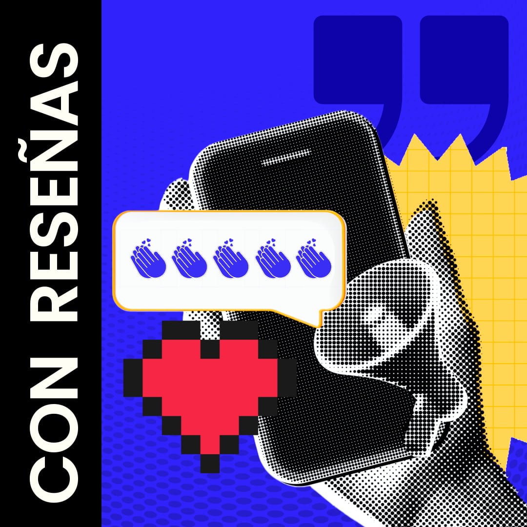 Imagen de una mano sosteniendo un teléfono y la escala de aplausos para reseñas contenidos en la biblioteca digital. Fondo azul con las palabras "con reseñas" en la parte izquierda de abajo hacia arriba