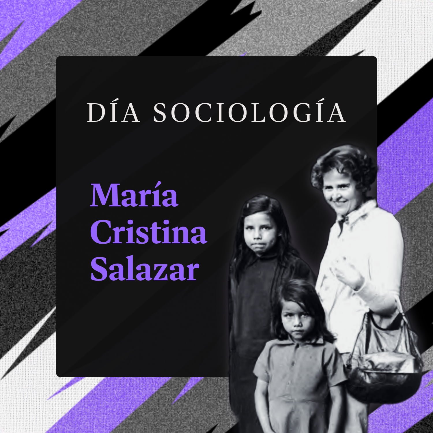 Imagen de María Cristina Salazar junto con niñez en conmemoración del día de la sociología, con fondo morado, gris y detalles en blanco, mostrando un ambiente cercano.