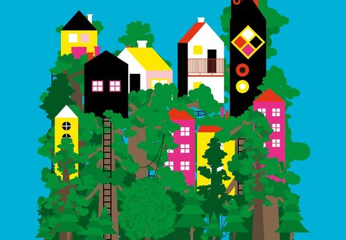 ilustración de casas de colores sobre arboles con fondo azul