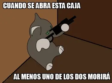 Meme ilustración de un gato gris encerrado en una caja