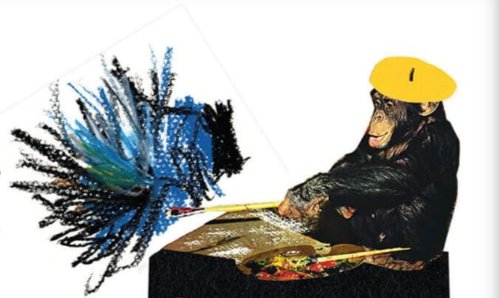 Ilustración de un mono pintor con boina amarilla pintando garabatos con crayolas azules