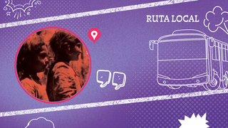 portada lila lem con dibujos blancos de bus y una ilustración circular con imagen de una niñas