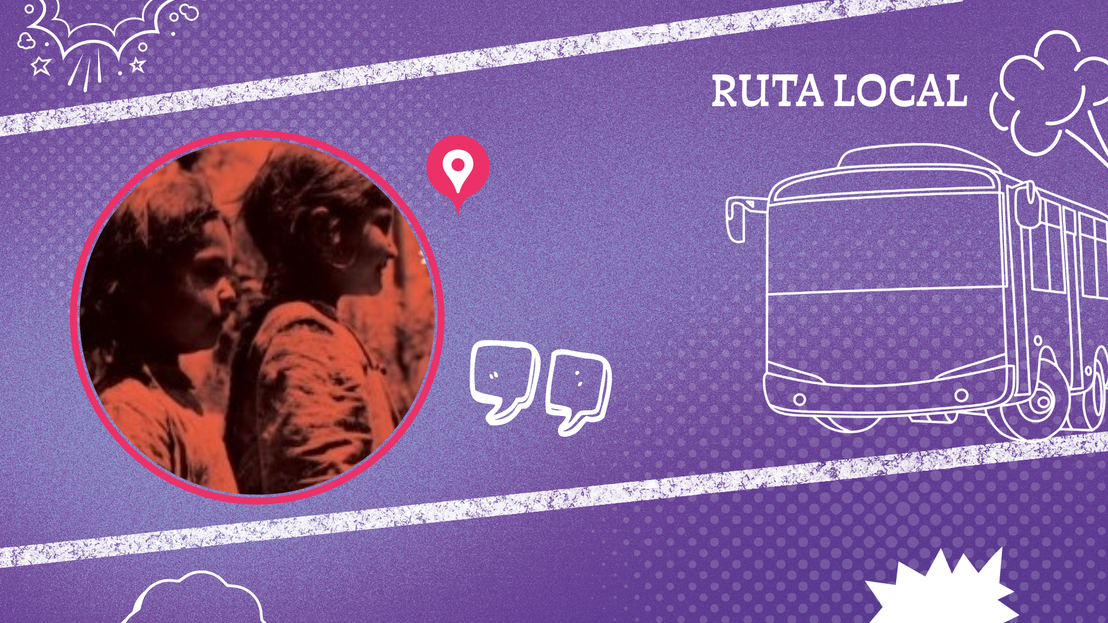 portada lila lem con dibujos blancos de bus y una ilustración circular con imagen de una niñas