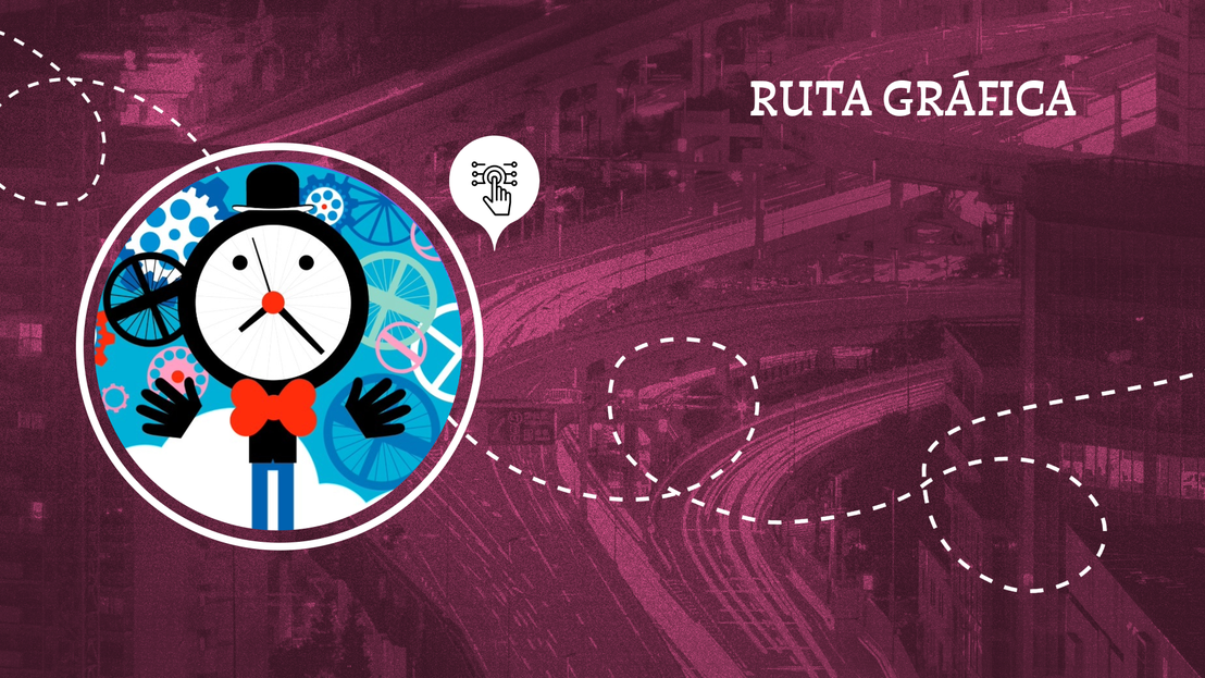 portada morada con ciudad de fondo e ilustración circular de un señor con cara de reloj