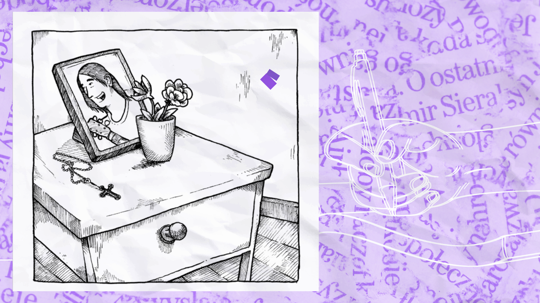 portada lila con letras de fondo, y una ilustracion de mesa de noche con una foto, flores y una camandula sobre ella.