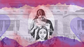 ilustracion de una madre sosteniendo el cartel de su hija desaparecida con fondo del palacio de justicia de bogota