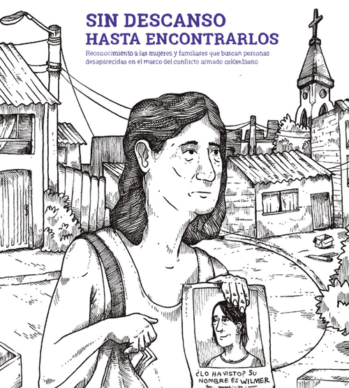 portada de la novela grafica sin descanso hasta encontrarlos con una mujer ilustrada sosteniendo el cartel de su hijo