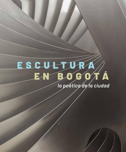 Portada de fondo gris con lineas, y en el centro el titulo del texto en colores azul y amarillo: "Esculturas en Bogotá"