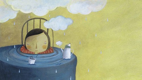 Ilustracion de una niña triste sentada en silla y recostada sobre una mesa azul con nubes encima